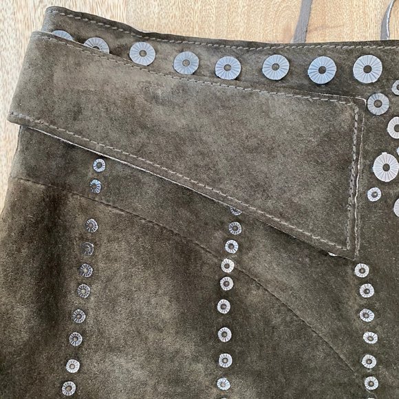 BCBG MAX AZRIA Suede A-Line Midi Skirt Side Zip Laces Studs Size 4 Knee Length - Picture 4 of 14